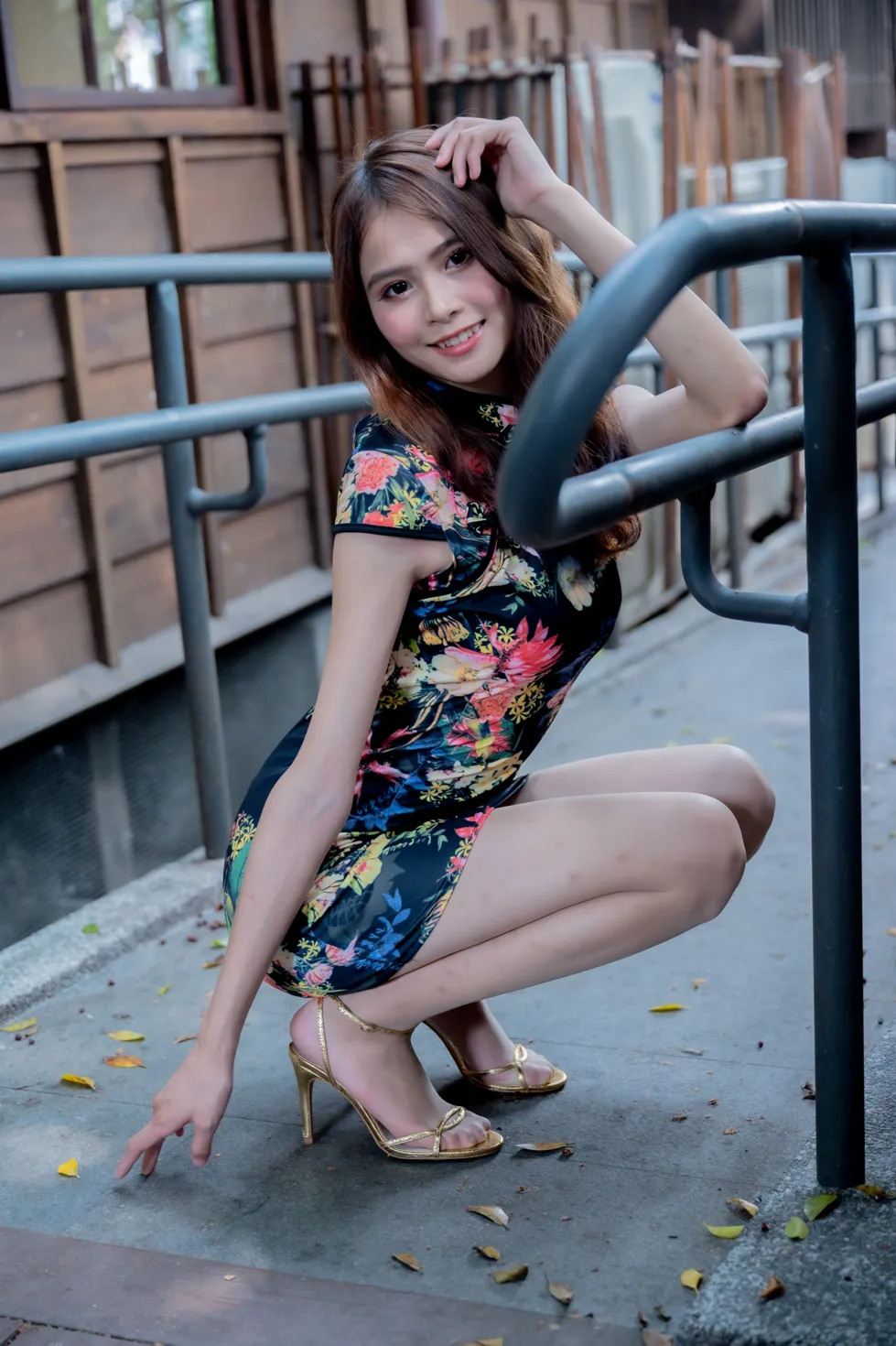 [Mzsock] NO.202 He Jiaxin black flower short cheongsam stockings high heels beautiful legs street photography#[97P]-54